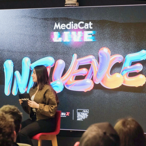 image of MediaCat presentation screen and a woman speaker